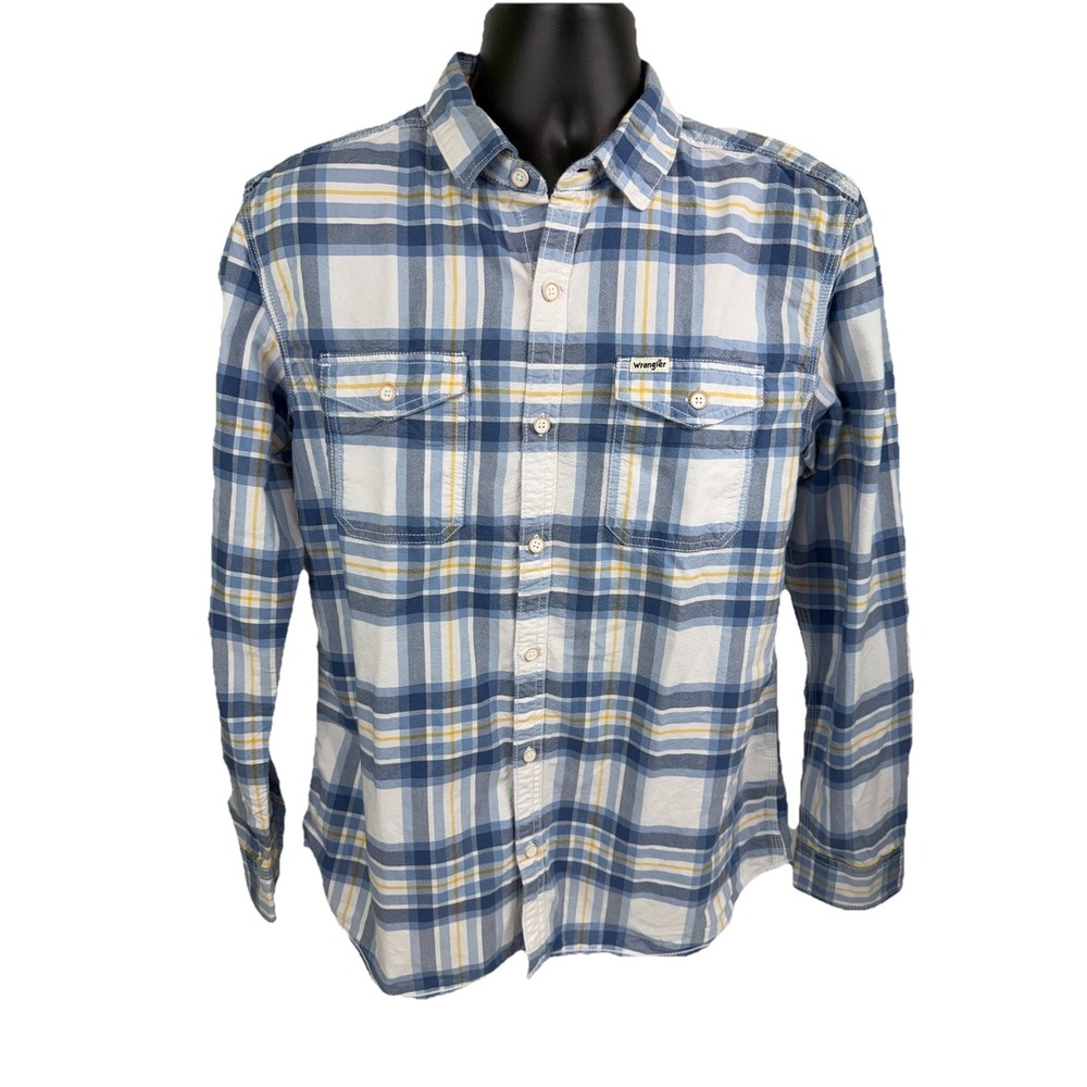Wrangler Oxford Shirt Men's L Button Front Plaid Western Blue
